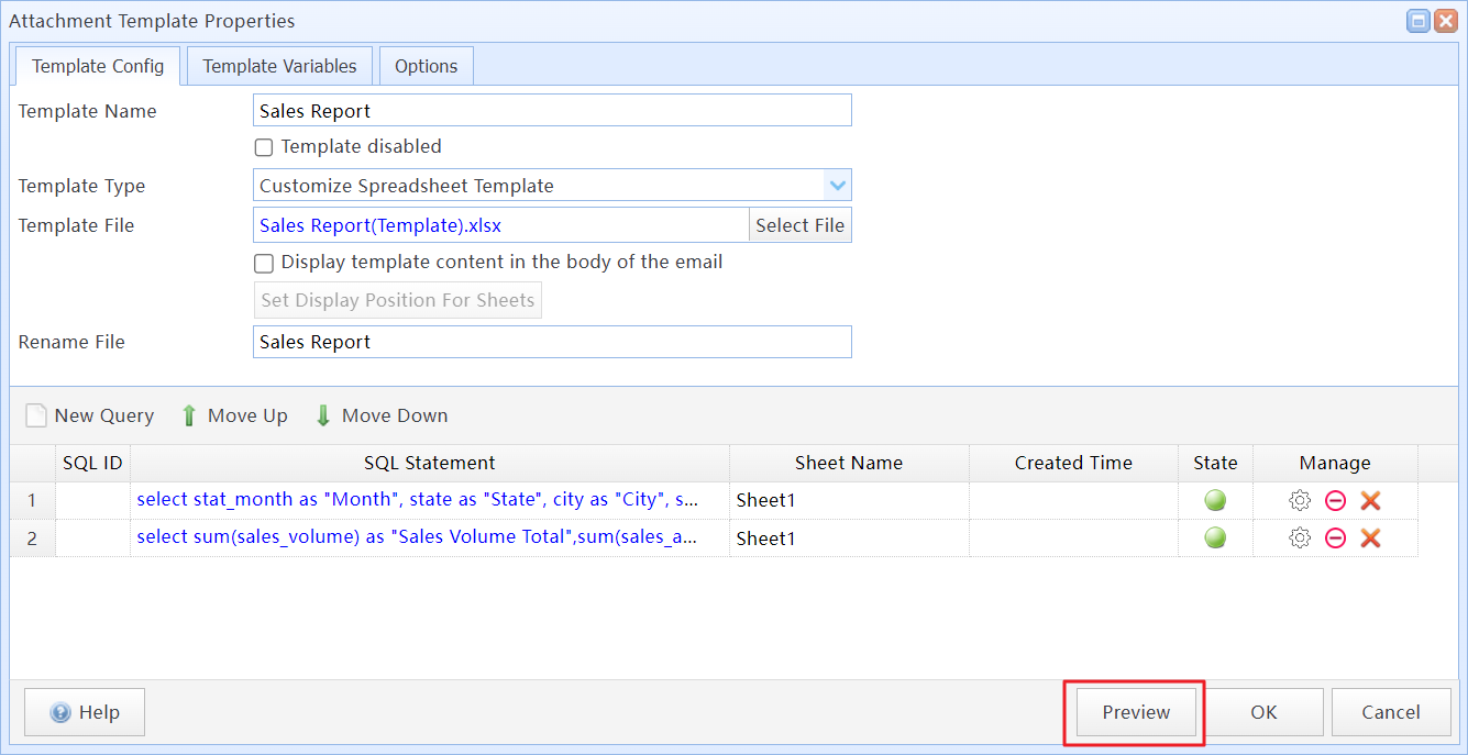 Click the "Preview" button to preview the template execution results