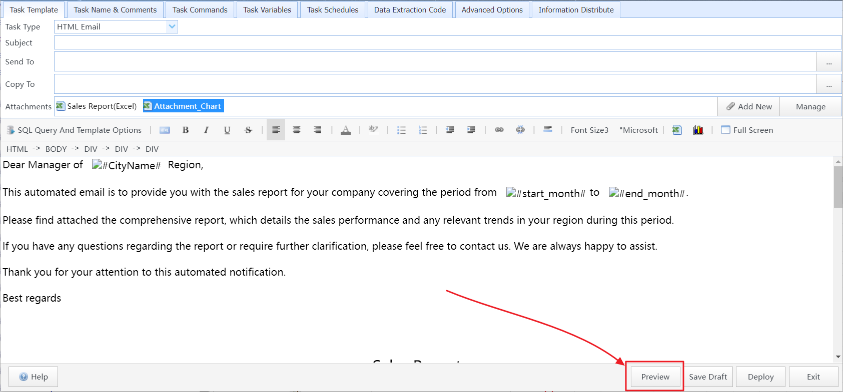 Click the "Preview" button to preview the execution results of the task