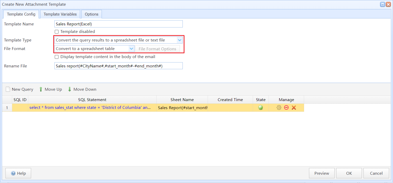 Add an attachment template to the task to store the sales statistics for the city