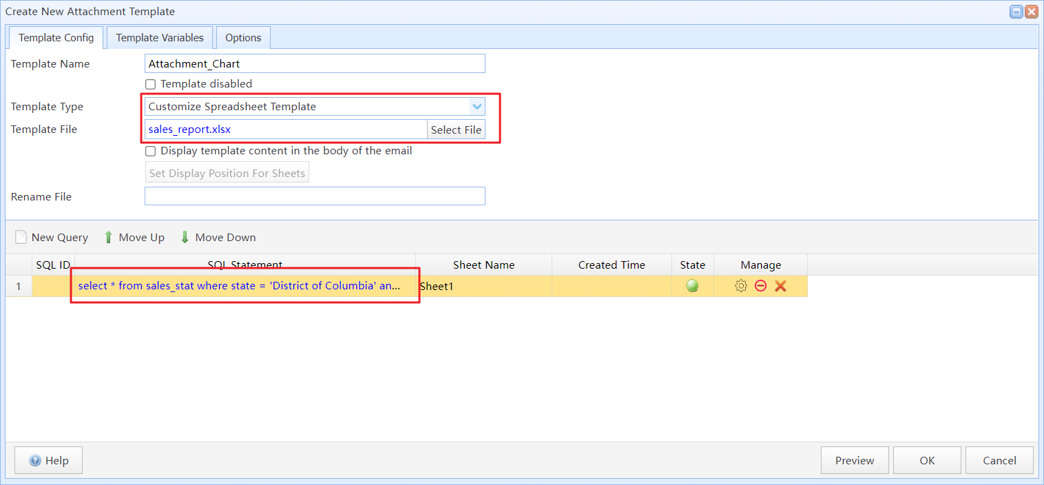 Create an attachment template of the "Customize Spreadsheet Template" type in the task