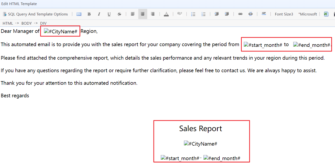 The text content in the email body template