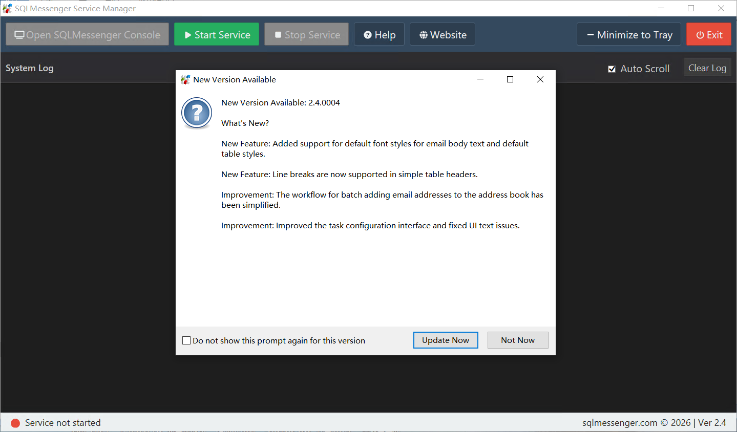 System prompts to automatically upgrade SQLMessenger