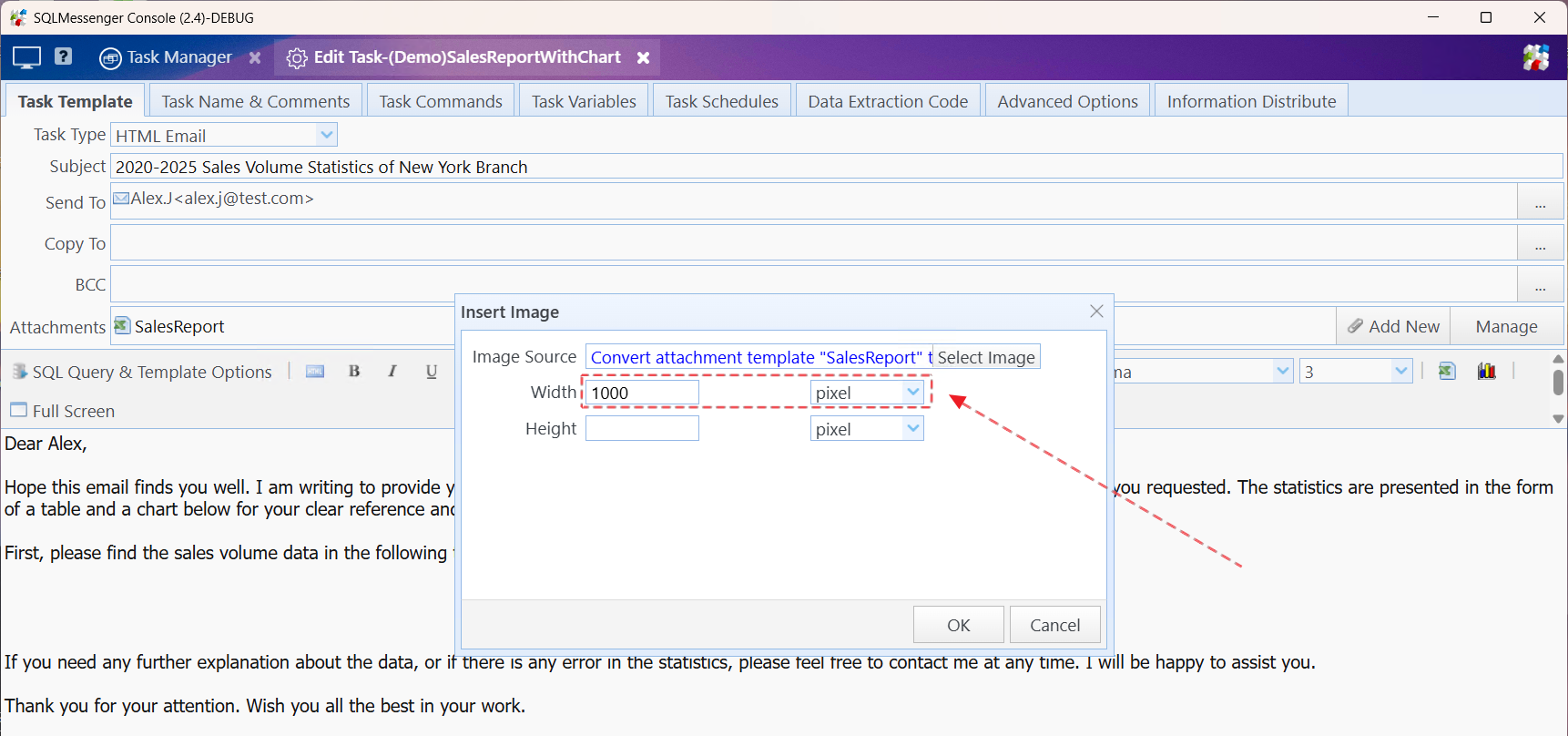 Set image size in the Insert Image dialog box