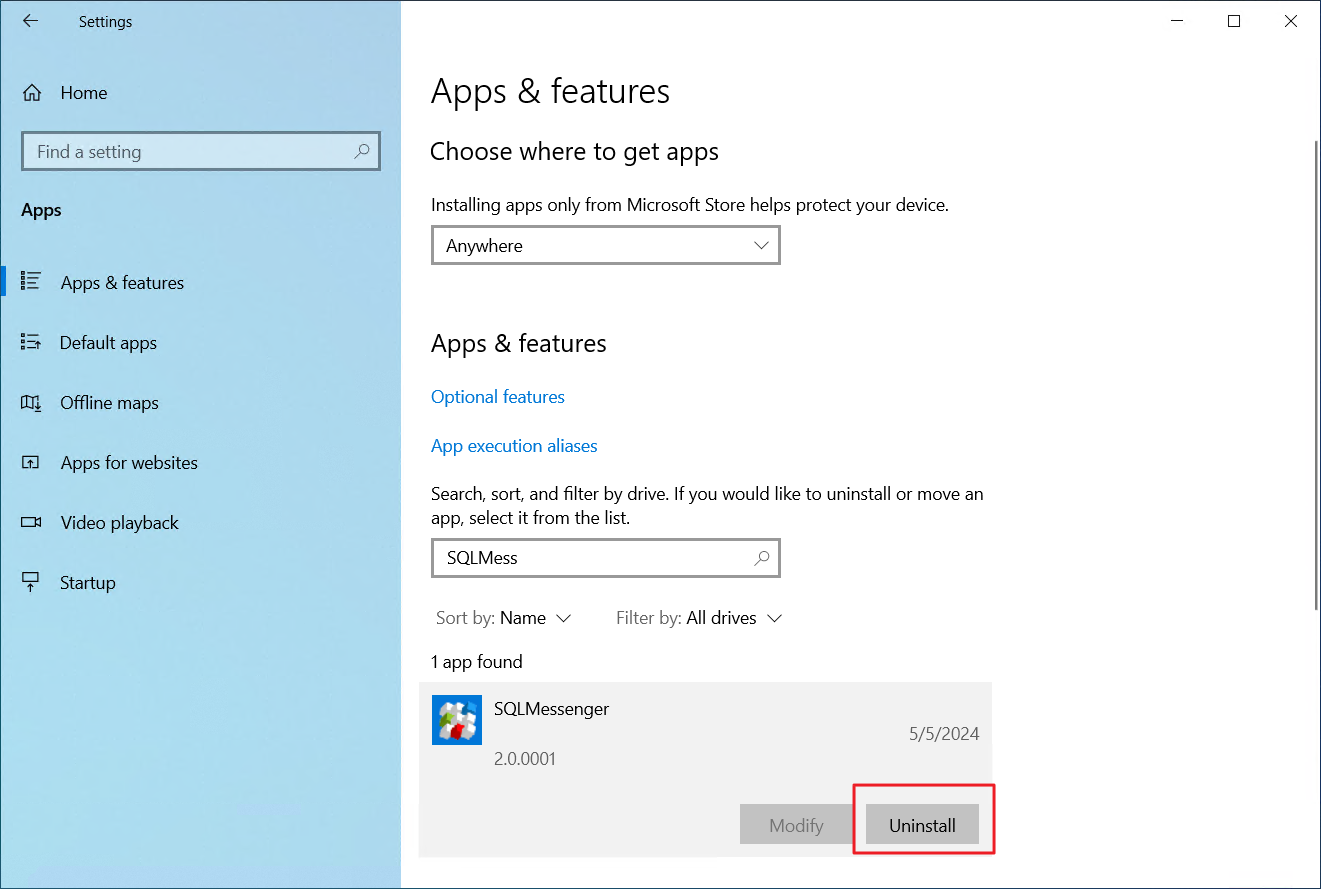 Locate SQLMessenger in the app list and click Uninstall