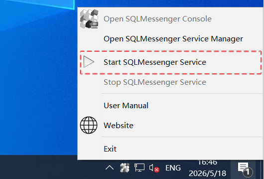 Start SQLMessenger Service from the Service Manager popup menu