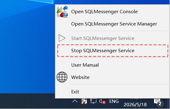 Stop SQLMessenger Service via the Service Manager popup menu