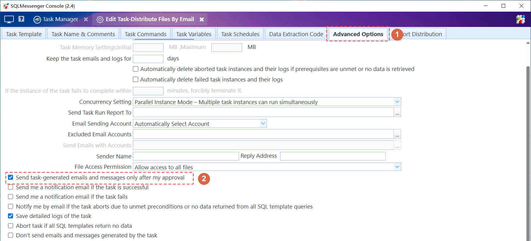 Enable "Send task-generated emails and messages only after my approval" in the task configuration