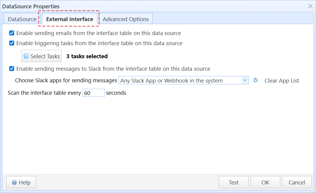 Enable the External Interface feature on the data source