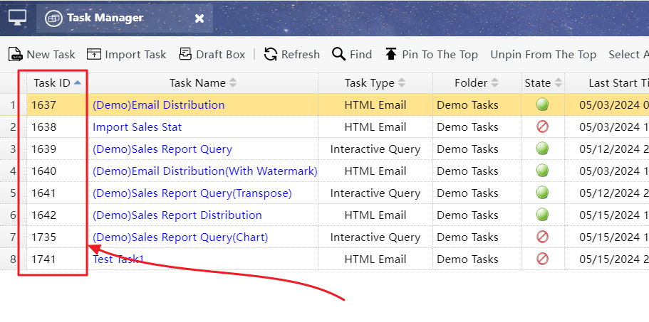 Find the task ID in the Task Manager