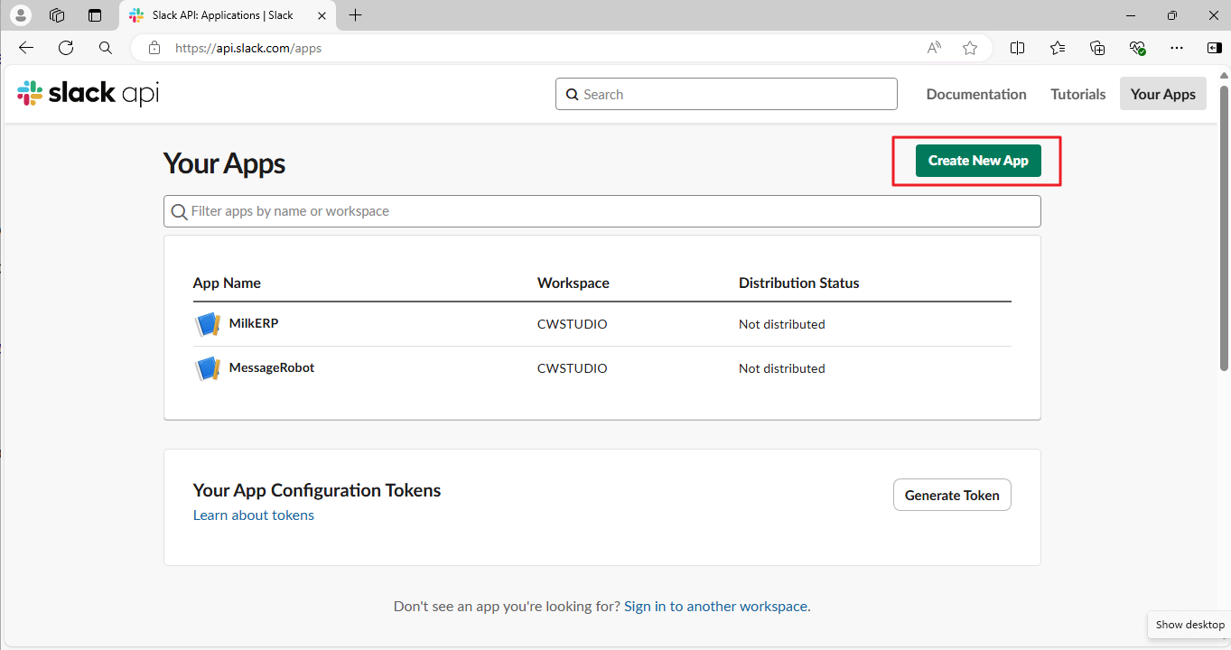 Log in to the Slack App management page