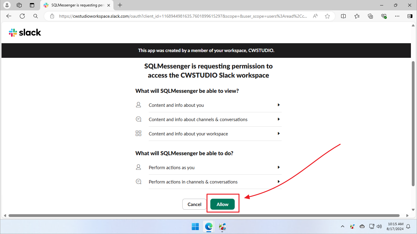 Click the Allow button to complete the app installation