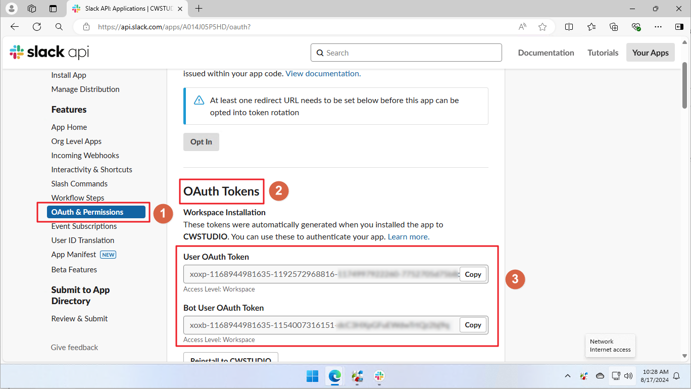 Find the User OAuth Token and Bot User OAuth Token