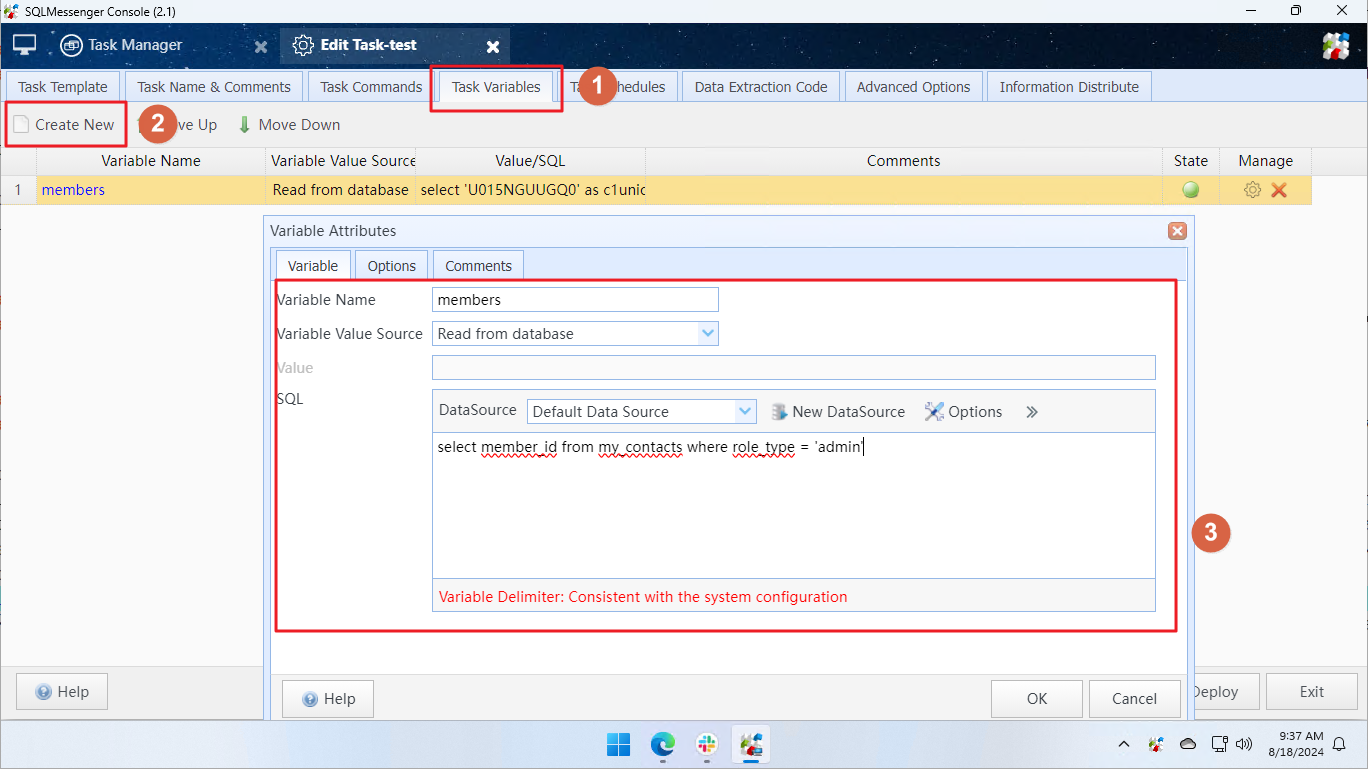 Create a variable in the task to retrieve recipient Slack member IDs from a table during task execution