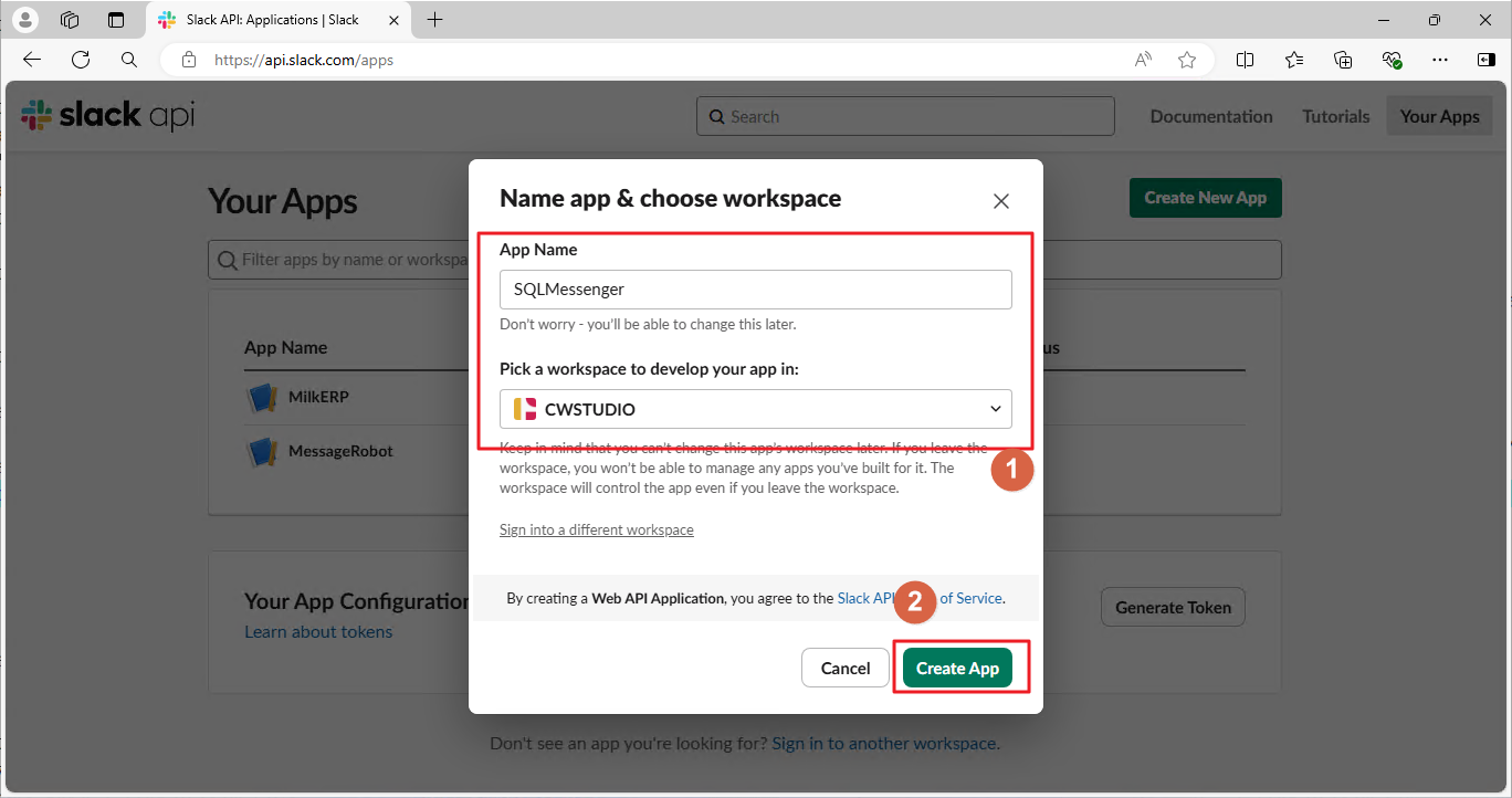 Enter the App Name, pick a workspace, then click the Create App button