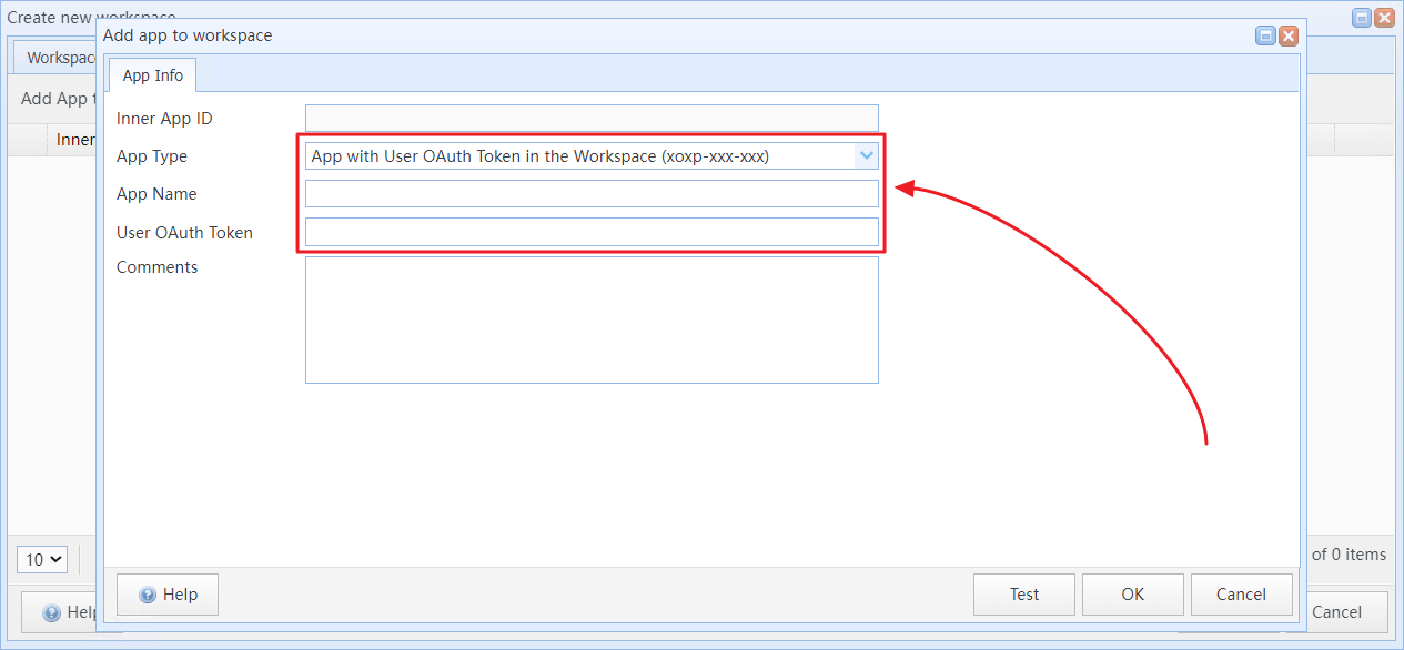 Select the app type, then enter the app name and corresponding OAuth token