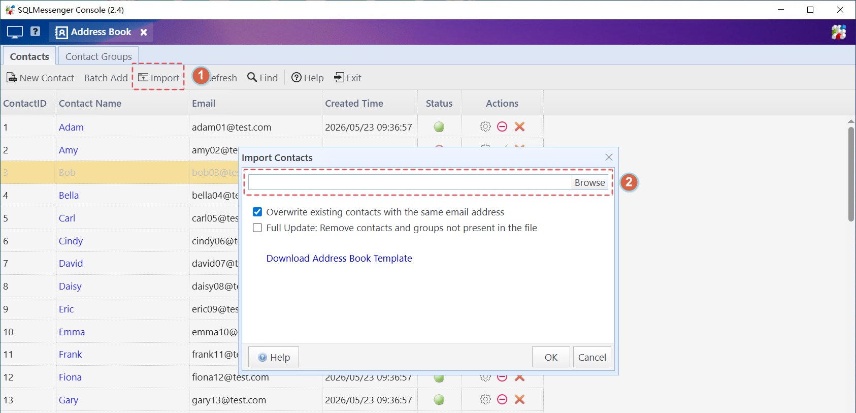 Click the Import button to open the Import Contacts dialog